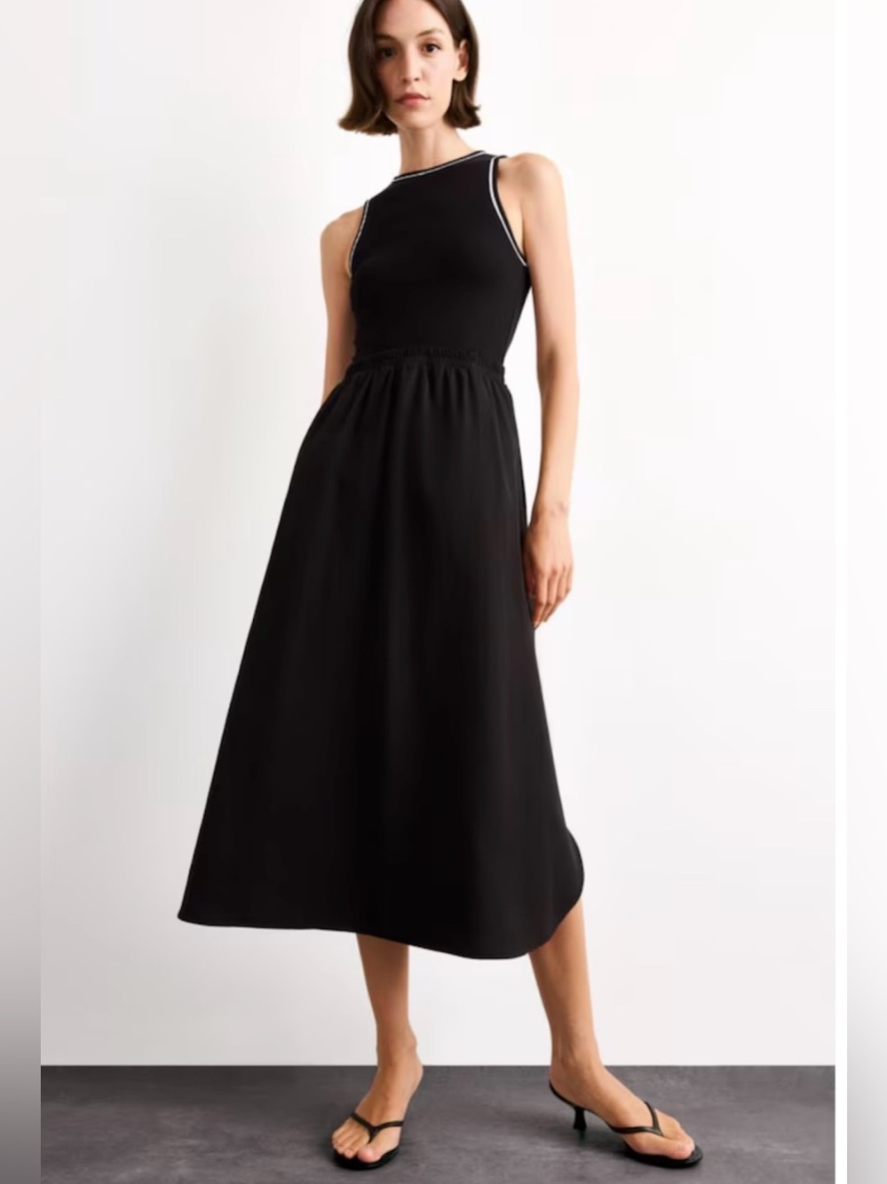 Zara Black Mixed Media Midi Dress White Piping XL Never Worn